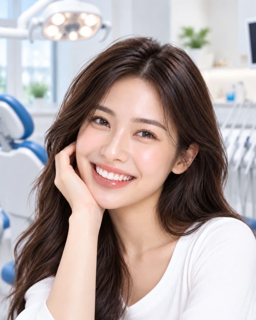 Pasien wanita Dentis tersenyum cerah di klinik modern