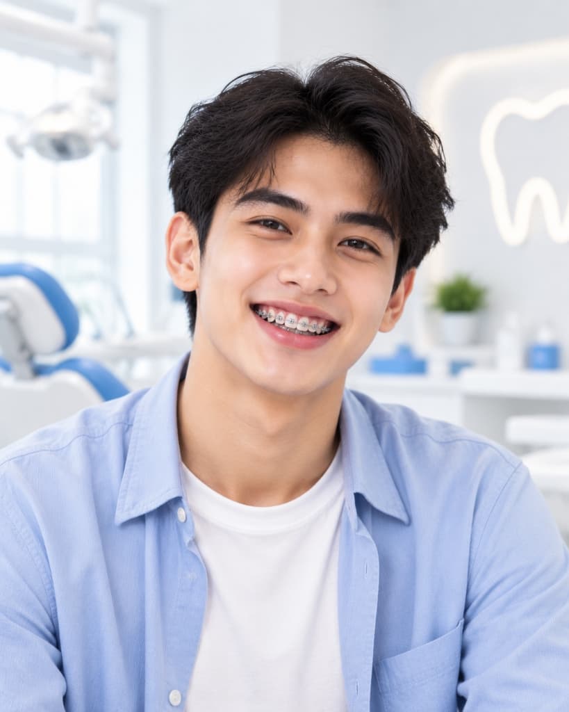Pasien pria Dentis tersenyum rapi dengan behel di klinik modern