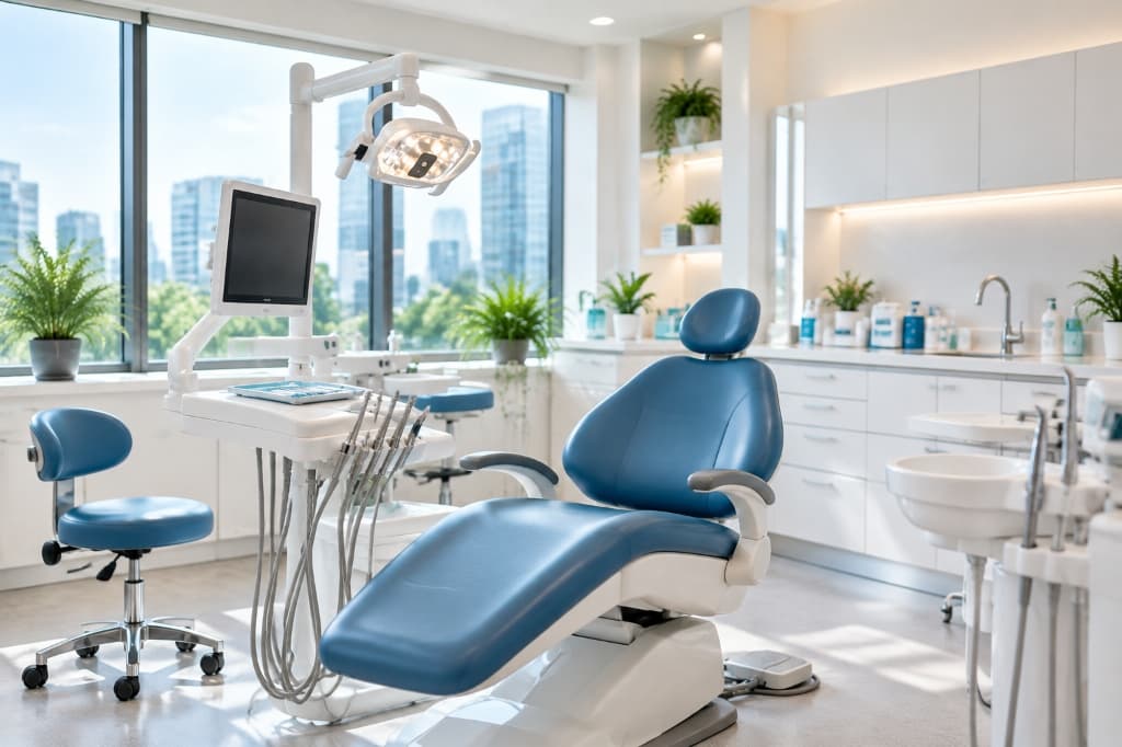 Suasana klinik gigi modern Dentis dengan fasilitas berteknologi tinggi dan pemandangan kota