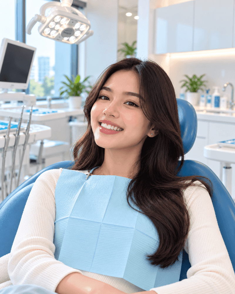 Pasien wanita senyum rapi dan cerah setelah perawatan clear aligners di Dentis
