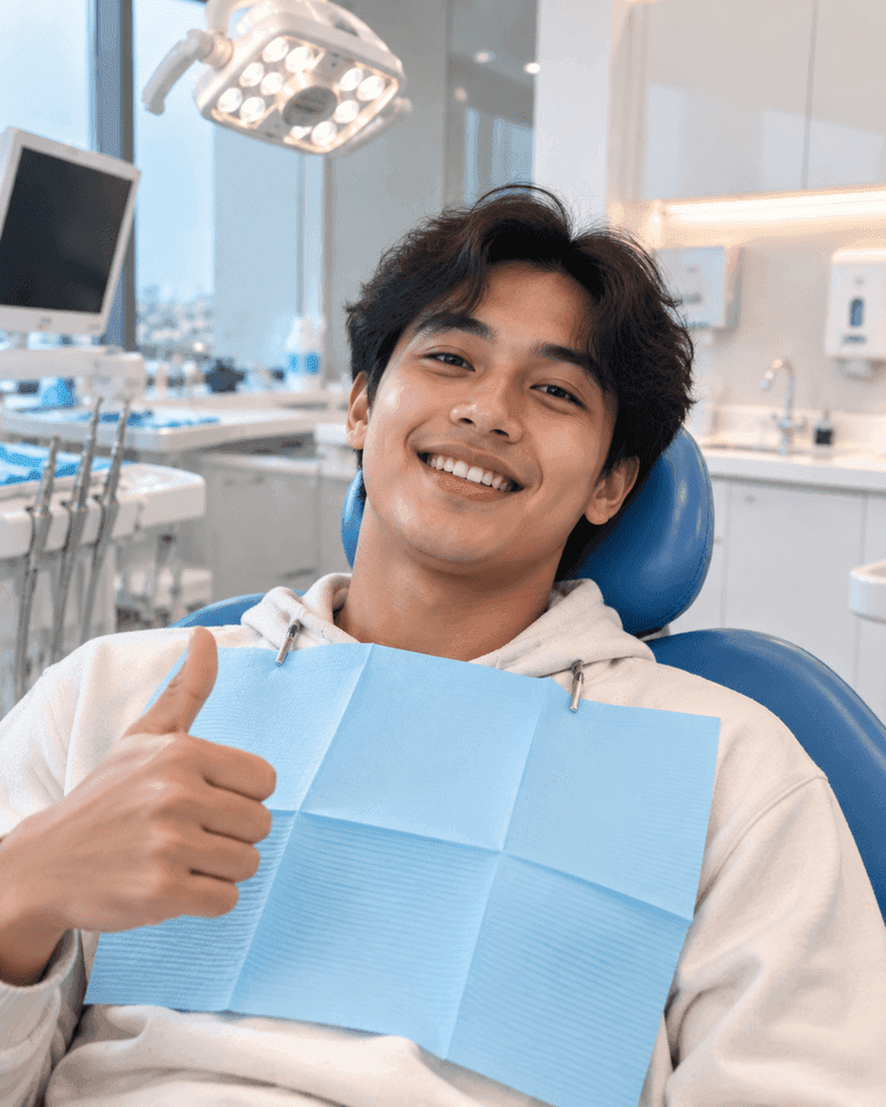 Pasien pria puas dan rileks setelah scaling gigi di Dentis