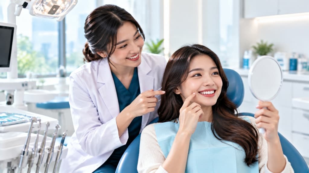 Pasien tersenyum bahagia melihat hasil perawatan estetika gigi di cermin