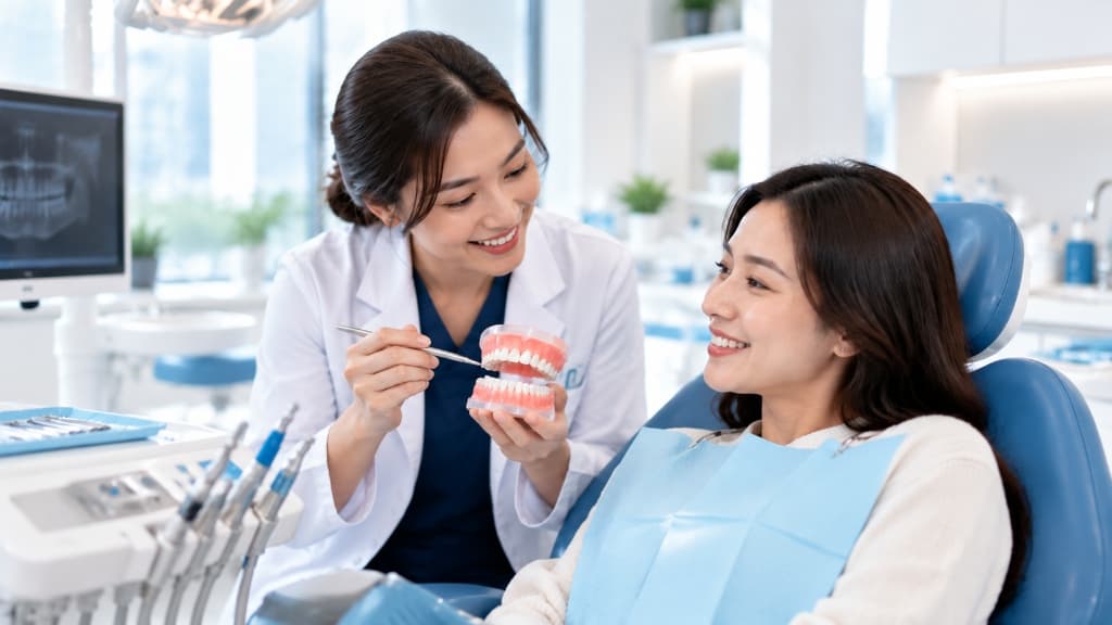 Dokter gigi spesialis Dentis melakukan konsultasi perawatan rutin dengan model anatomi gigi