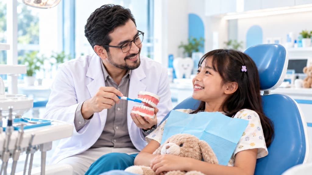Dokter gigi anak yang ramah mengedukasi cara menyikat gigi yang menyenangkan bersama pasien cilik