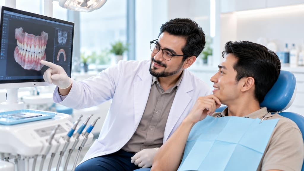 Dokter spesialis bedah dan implan menjelaskan hasil scan digital 3D kepada pasien